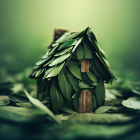 Whimsical wooden house in green landscape with birds and dandelions