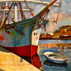 Vibrant watercolor painting: bustling harbor, tall ships, small boat, colorful docks, soft