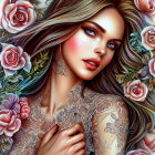 Digital artwork featuring woman with ornate jewelry and lace tattoo surrounded by lush flowers