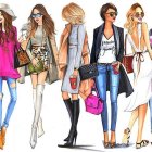 Ten diverse female fashion models in chic outfits with vibrant colors and patterns on a white background