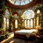 Luxurious Bedroom with Stained Glass Windows and Plush Bed