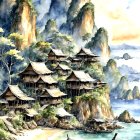 Scenic Asian Mountain Village with Pagoda Buildings & River