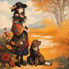 Stylized painting of woman with hat and cats in vibrant setting