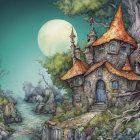 Detailed illustration of whimsical cottage in forest under full moon