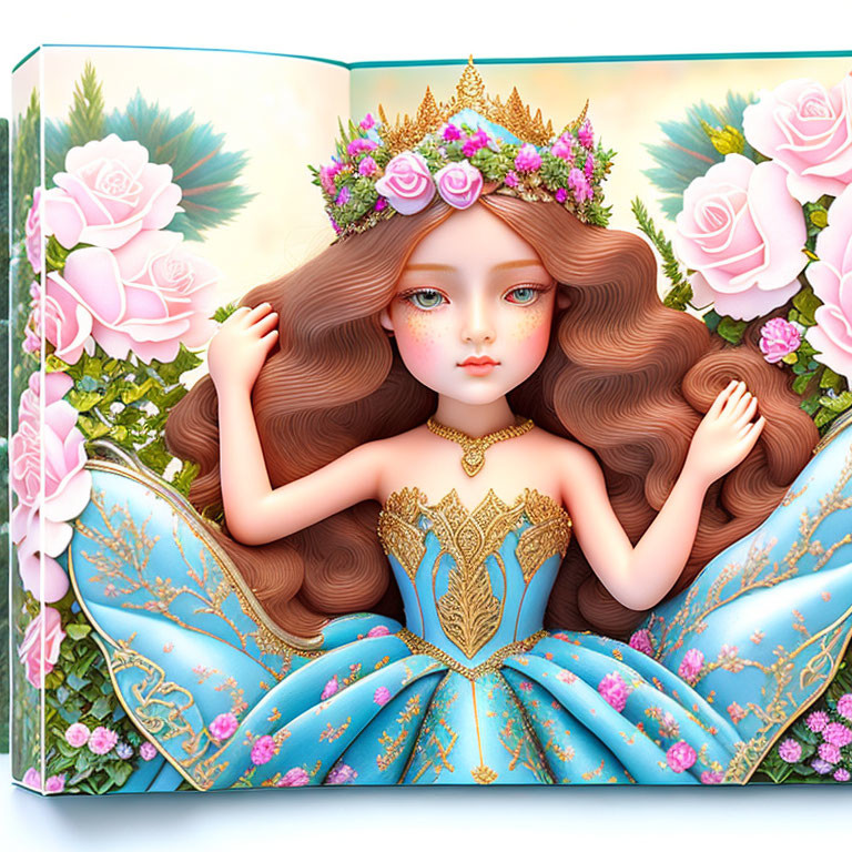 Whimsical princess with long wavy hair in blue gown lying in open storybook surrounded by pink