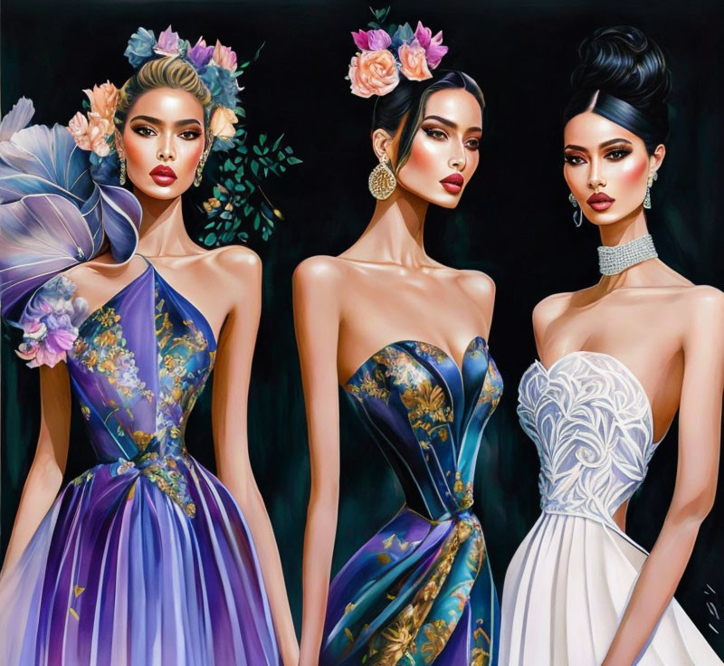 Three stylized women in elegant floral gowns with sophisticated hairstyles and makeup