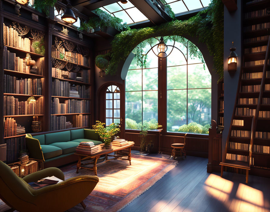 Warmly lit library room with large windows, ivy, wooden bookshelf, and plush seating