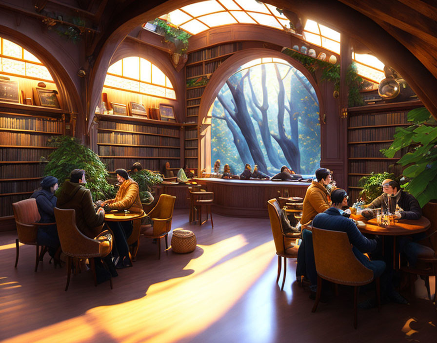 Inviting library scene with readers, conversations, large tree outside, warm lighting, and filled booksh