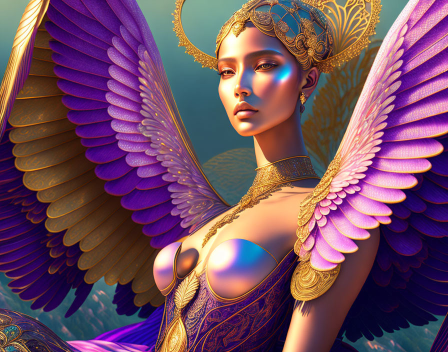 Fantasy illustration: woman with golden jewelry and purple wings on blue background