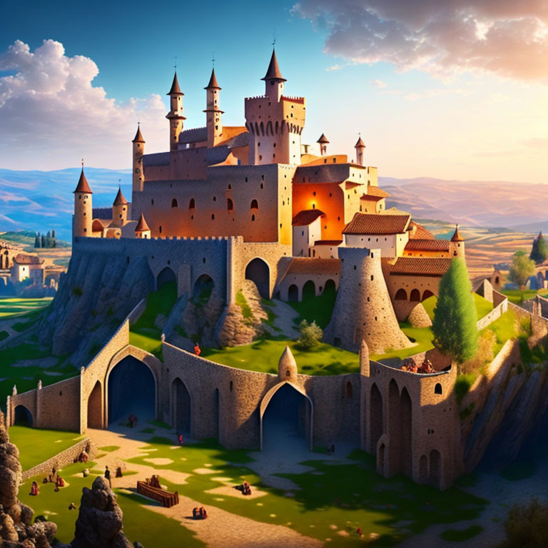 Majestic castle illustration with spires and courtyards