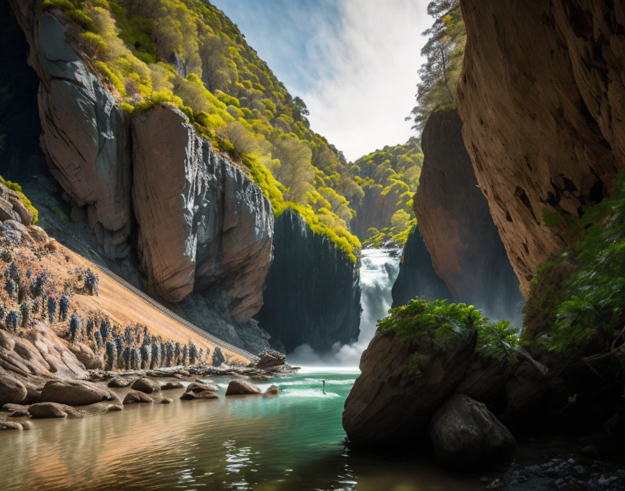 Tranquil waterfall in rocky gorge surrounded by green foliage