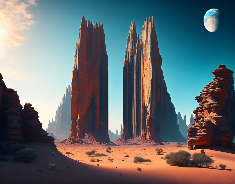 Surreal desert landscape with red rock formations under blue sky