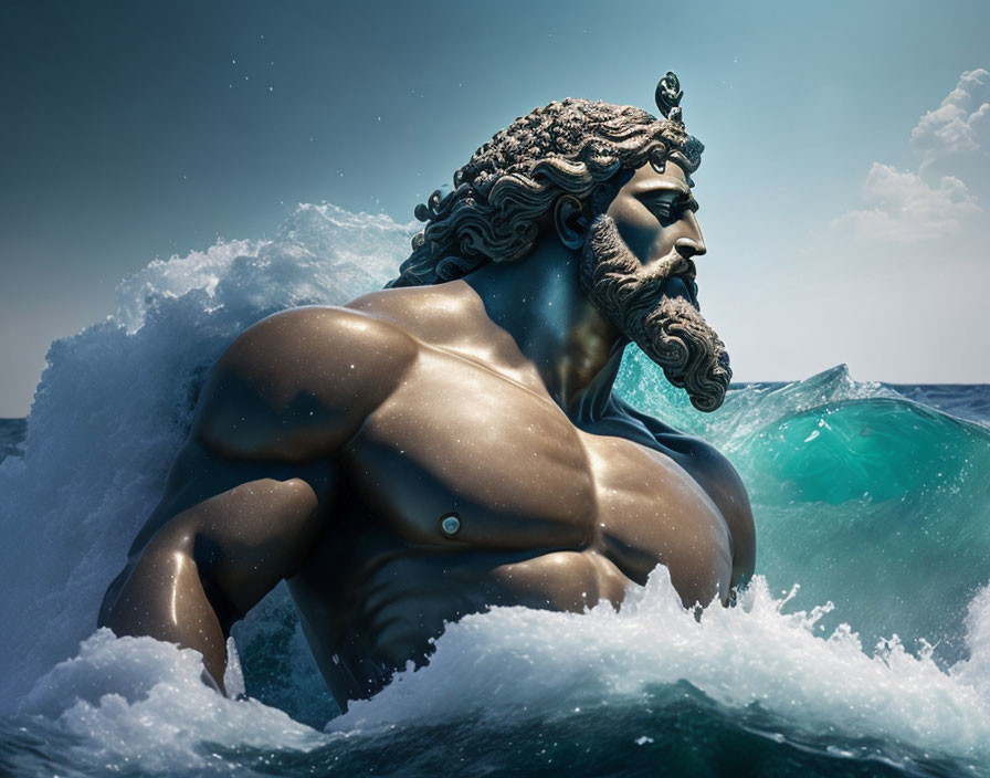 Muscular bearded male figure emerging from ocean waves