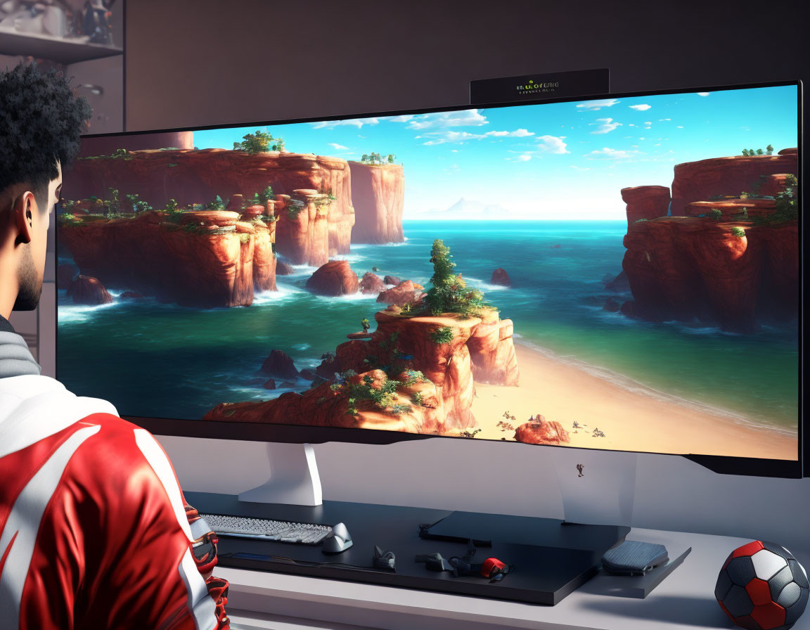 Curved monitor displaying vivid landscape with red cliffs and blue waters on clean desk.