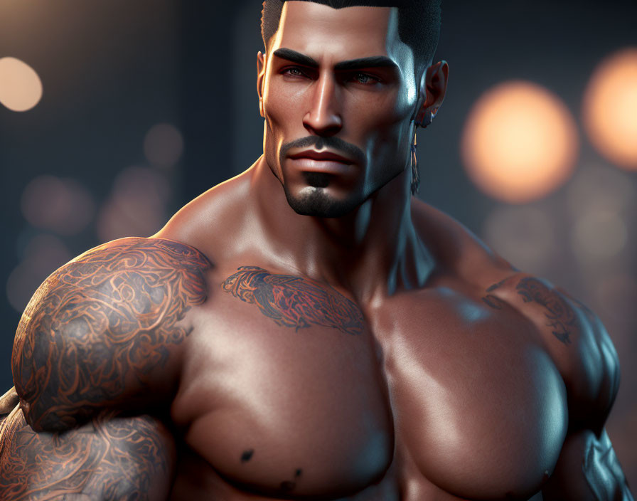 Muscular tattooed male figure with dark hair and beard on bokeh light background