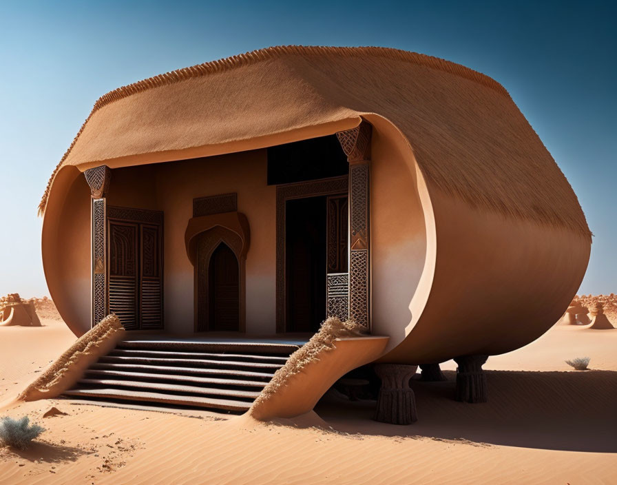 Futuristic desert structure with curved design, ornate doors, stairs, surrounded by sand