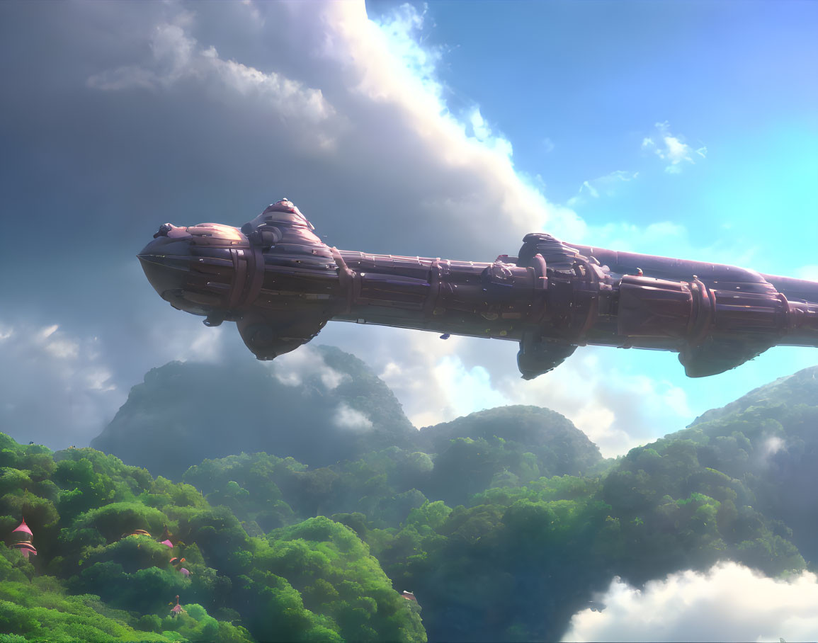 Purple airship flying over green mountains under a sunny sky