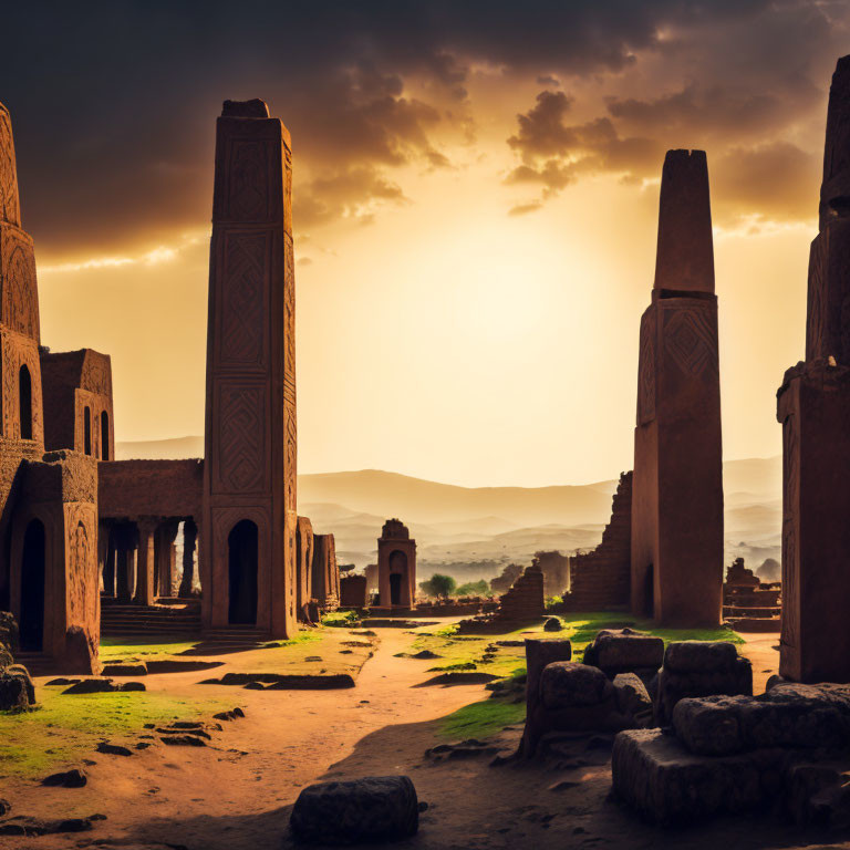 Ancient ruins at sunset with towering pillars and dramatic sky.