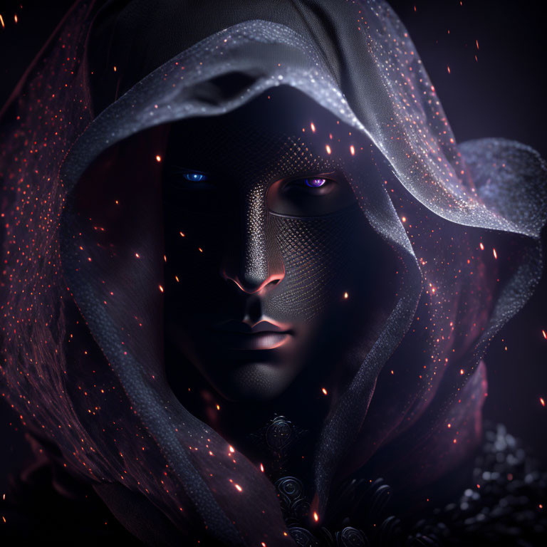 Mystical figure with glowing eyes and sparkles on sheer veil against dark backdrop