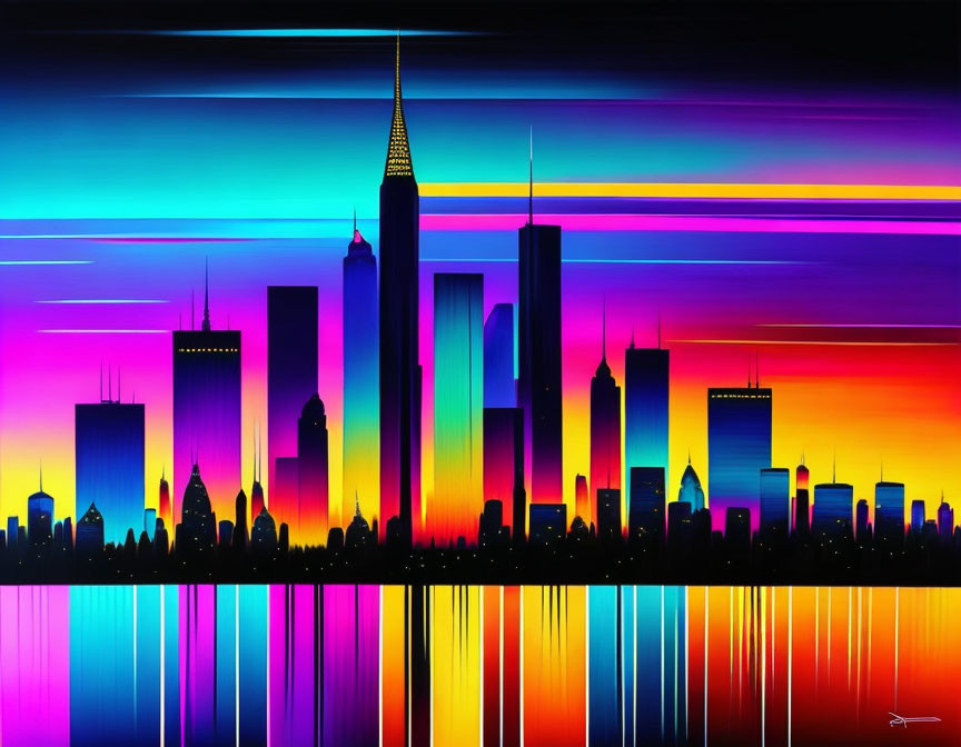 Colorful digital artwork: City skyline with neon lights and reflections.