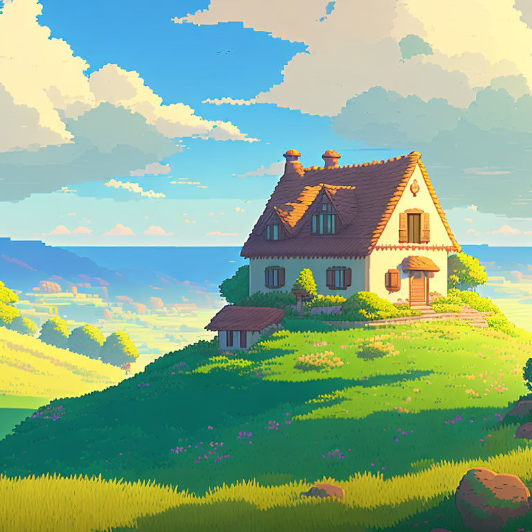 Digital artwork: Quaint cottage on verdant hill under clear sky