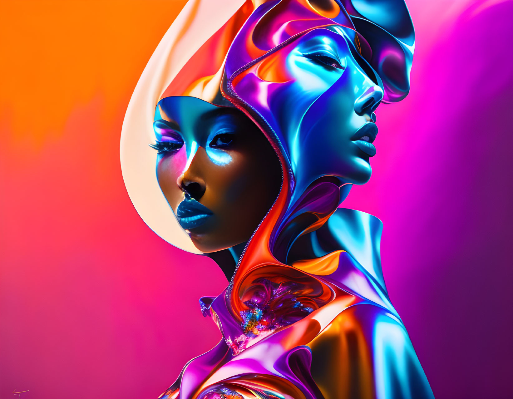 Colorful digital art featuring woman with metallic texture on neon background