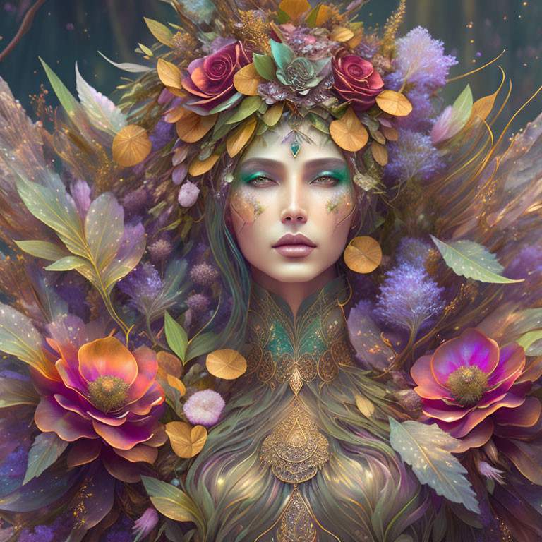 Woman with Green Eyes Crowned by Vibrant Flowers in Fantasy Setting