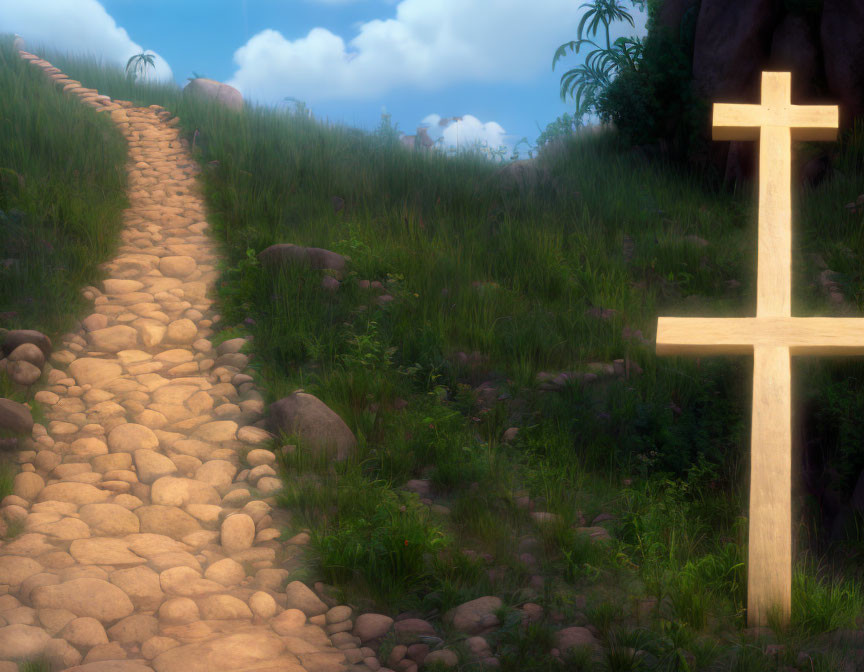 Cobblestone Pathway with Wooden Cross on Hilltop