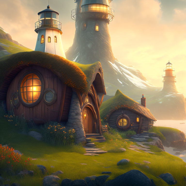 Whimsical hobbit-style house by lighthouse in sunset seaside scene