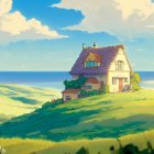 Digital artwork: Quaint cottage on verdant hill under clear sky