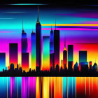 Colorful digital artwork: City skyline with neon lights and reflections.