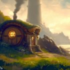 Whimsical hobbit-style house by lighthouse in sunset seaside scene