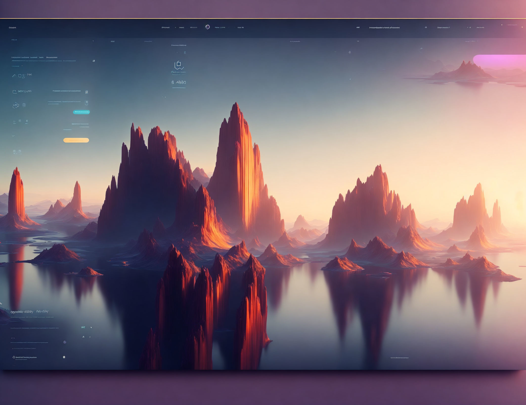 Fantasy landscape digital wallpaper with warm-hued rocky spires reflected in tranquil water