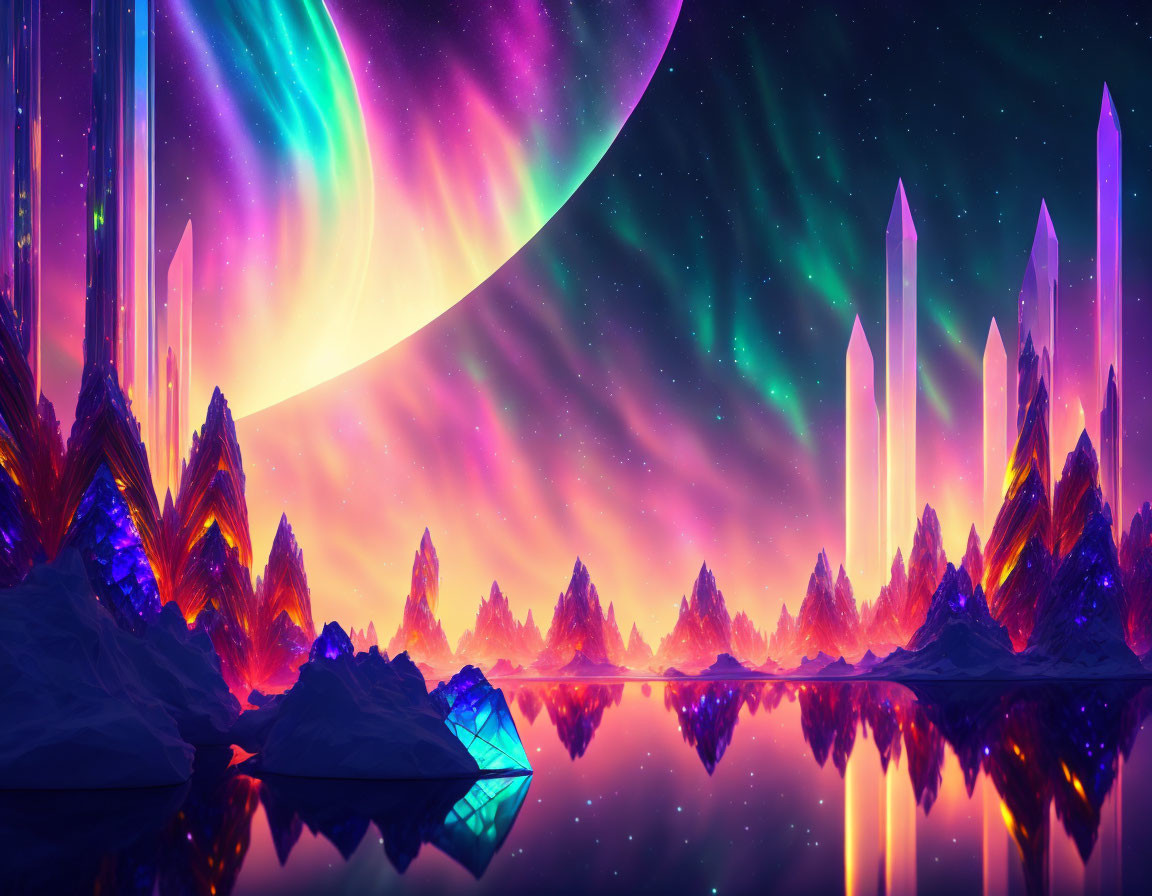 Colorful alien landscape with crystals, reflective lake, and celestial sky.