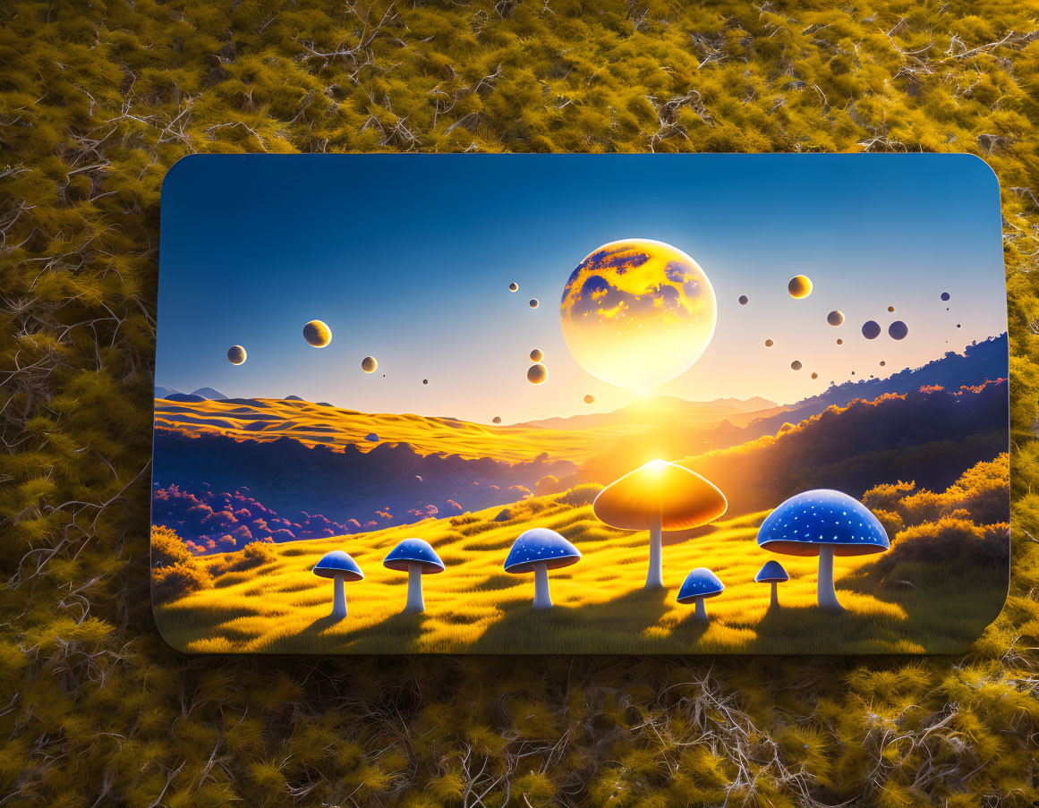 Surreal landscape: Glowing mushrooms, rolling hills, floating orbs