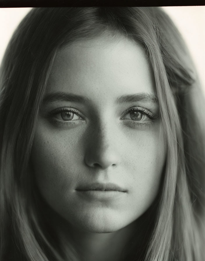 Young woman with freckles and straight hair in monochrome close-up.