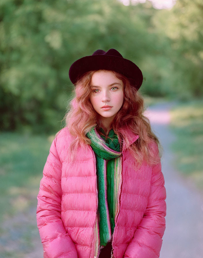 Curly Red-Haired Woman in Black Hat, Pink Jacket, and Green Scarf on Tree-L