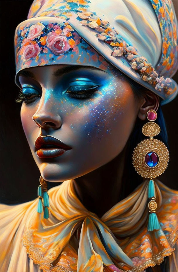 Woman with Galaxy-Themed Makeup and Floral Turban