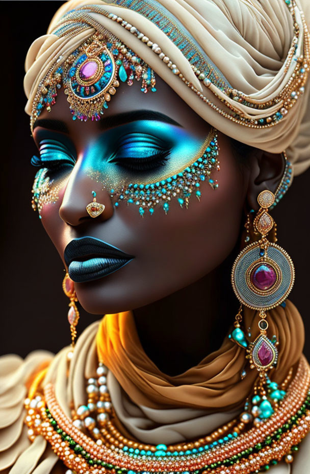 Vibrant portrait of woman with dark skin and ornate jewelry