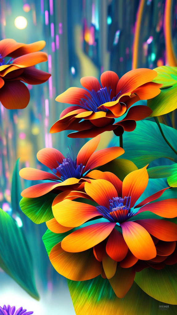 Colorful Stylized Flower Artwork with Neon Lights & Yellow Orb