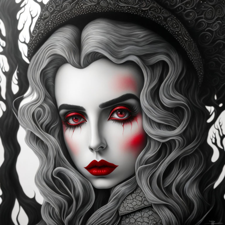 Stylized monochromatic portrait of a woman with wavy hair and red makeup