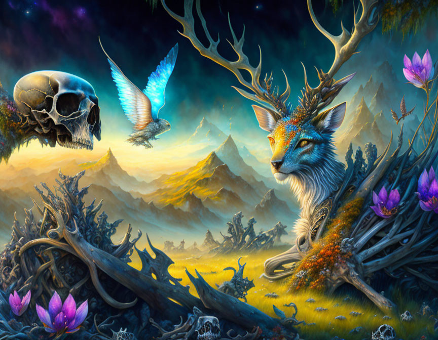 Mystical landscape with fox-faced entity, skull, flowers, birds, night sky.