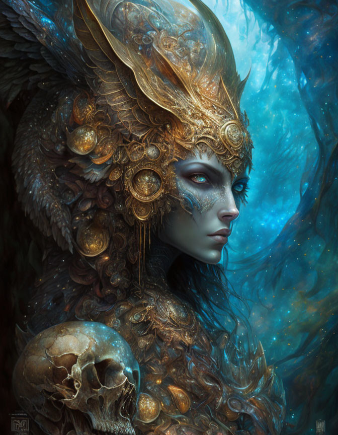 Blue-skinned female fantasy figure in golden winged armor holding a skull on starry backdrop