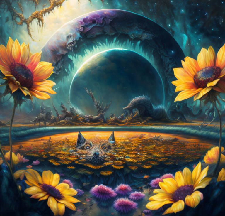 Whimsical painting: Fox head in sunflower field with giant moon