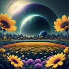 Whimsical painting: Fox head in sunflower field with giant moon