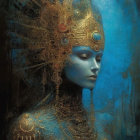 Blue-skinned female fantasy figure in golden winged armor holding a skull on starry backdrop