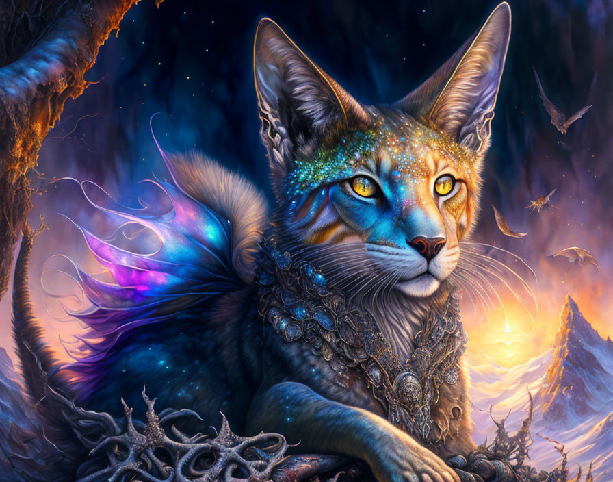 Feline-headed creature with butterfly wings in cosmic landscape