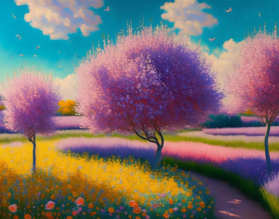 Colorful landscape painting with purple trees, yellow flowers, blue sky