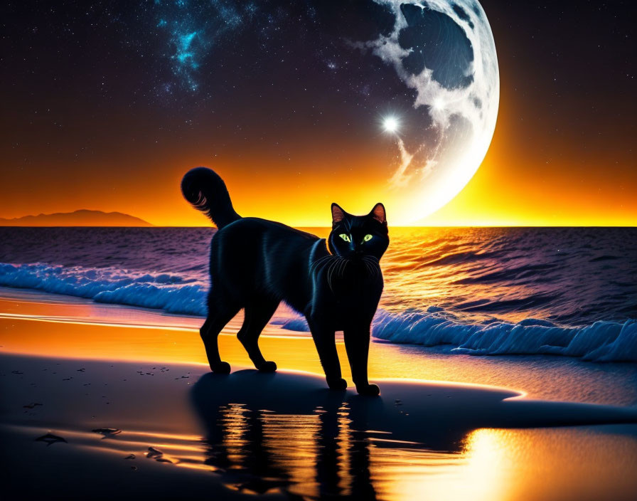 Black cat on beach at twilight under crescent moon and stars, with vibrant sunset.