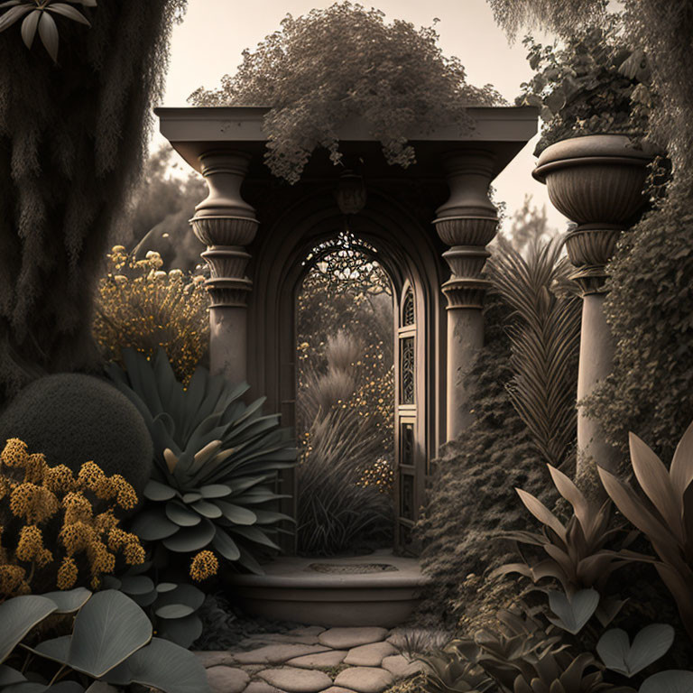 Sepia-Toned Garden with Wrought-Iron Gate and Stone Urns